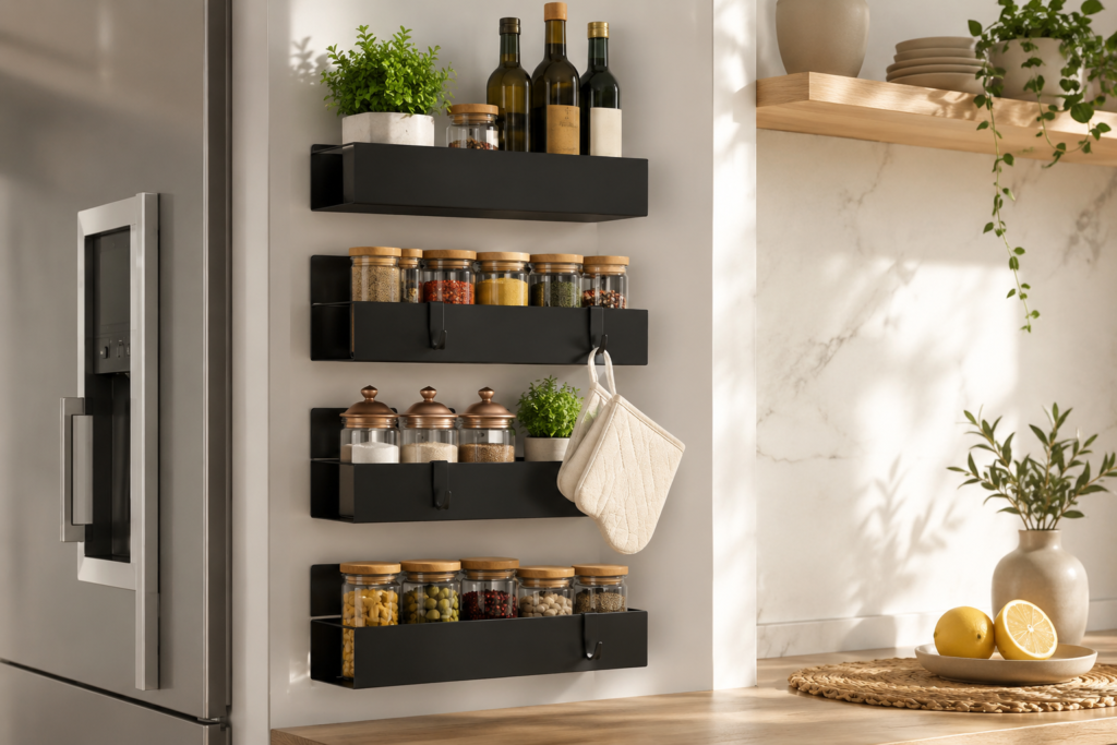 Black wall-mounted kitchen storage shelves neatly organizing spices, oils, and pantry items