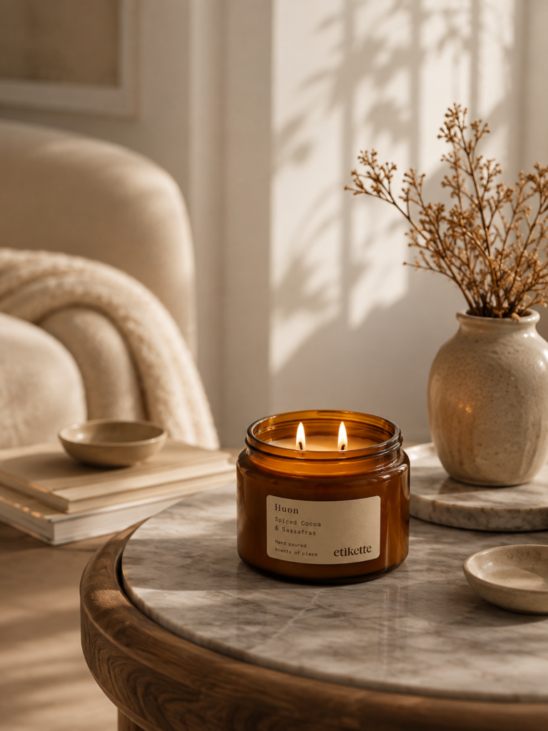Etikette Huon spiced cocoa and sassafras scented candle in an amber glass jar with two burning wicks
