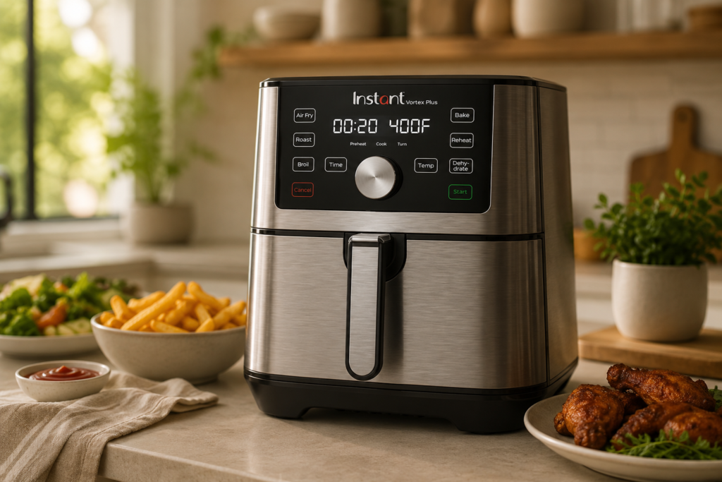 Instant Vortex Plus air fryer in a warm, modern kitchen, surrounded by crispy fries, fresh salad, and cooked chicken for an inviting everyday cooking scene.