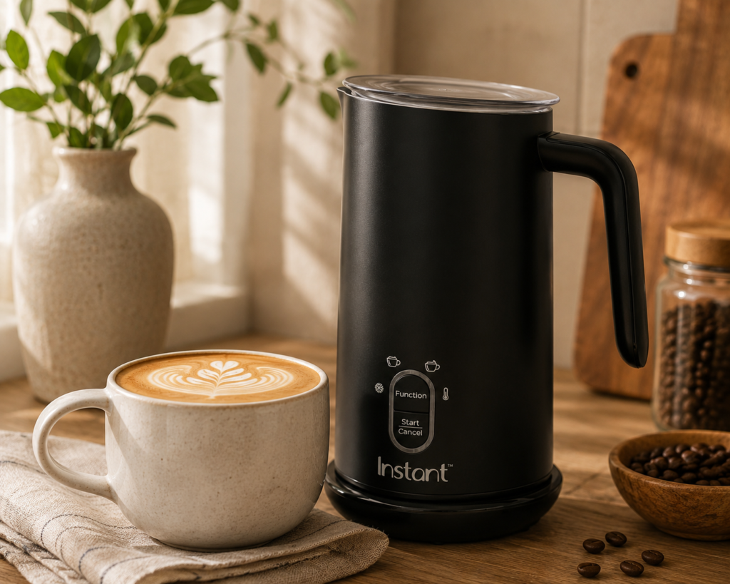 Matte-black Instant™ 4-in-1 electric milk frother beside a latte with leaf latte art on a warm wooden kitchen counter, surrounded by coffee beans and cozy natural decor.