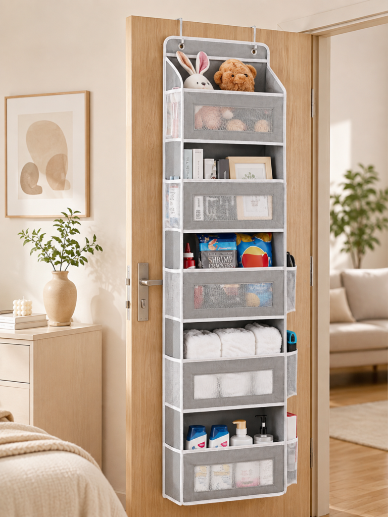 JARLINK over-the-door organizer in a warm, minimalist bedroom, neatly storing toys, books, snacks, towels, toiletries, and everyday essentials.