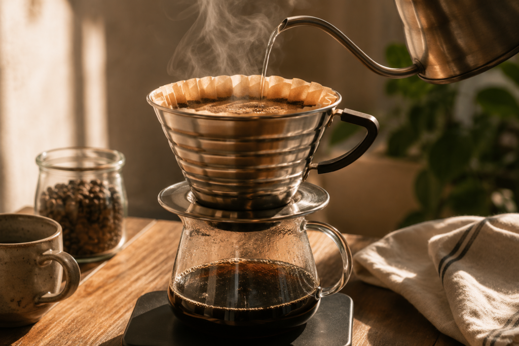 he image presents the stainless-steel coffee dripper in a calm, inviting home-brewing setting while preserving its original branding and product identity.