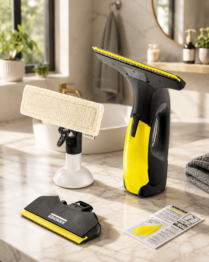 Karcher WV2 Premium Pressure Sprayer The image presents the Kärcher window-cleaning set in a refined, lifestyle-oriented home setting while preserving the recognizable product branding.