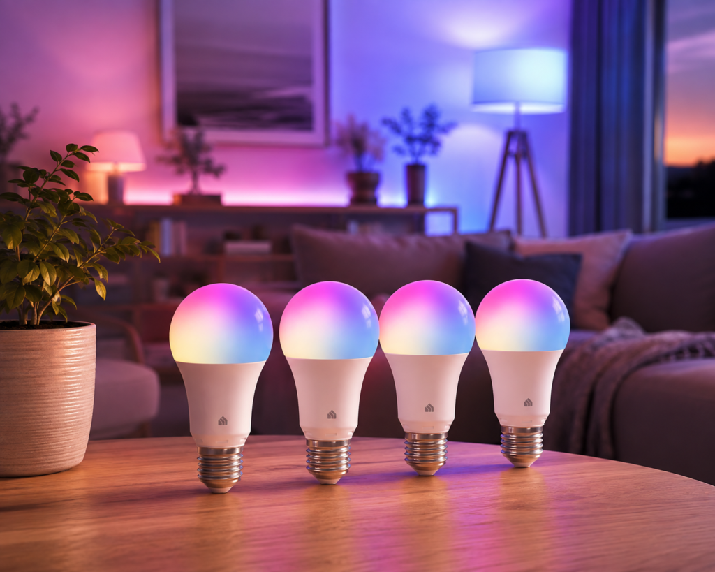 Kasa Multicolor Dimmable Wi-Fi Smart Bulb TP-Link Kasa Smart Wi-Fi Light Bulb Multicolor 4-Pack displayed in a cozy modern living room, with four color-changing bulbs glowing in soft pink, blue, purple, and warm tones beside a smart speaker and ambient lighting.