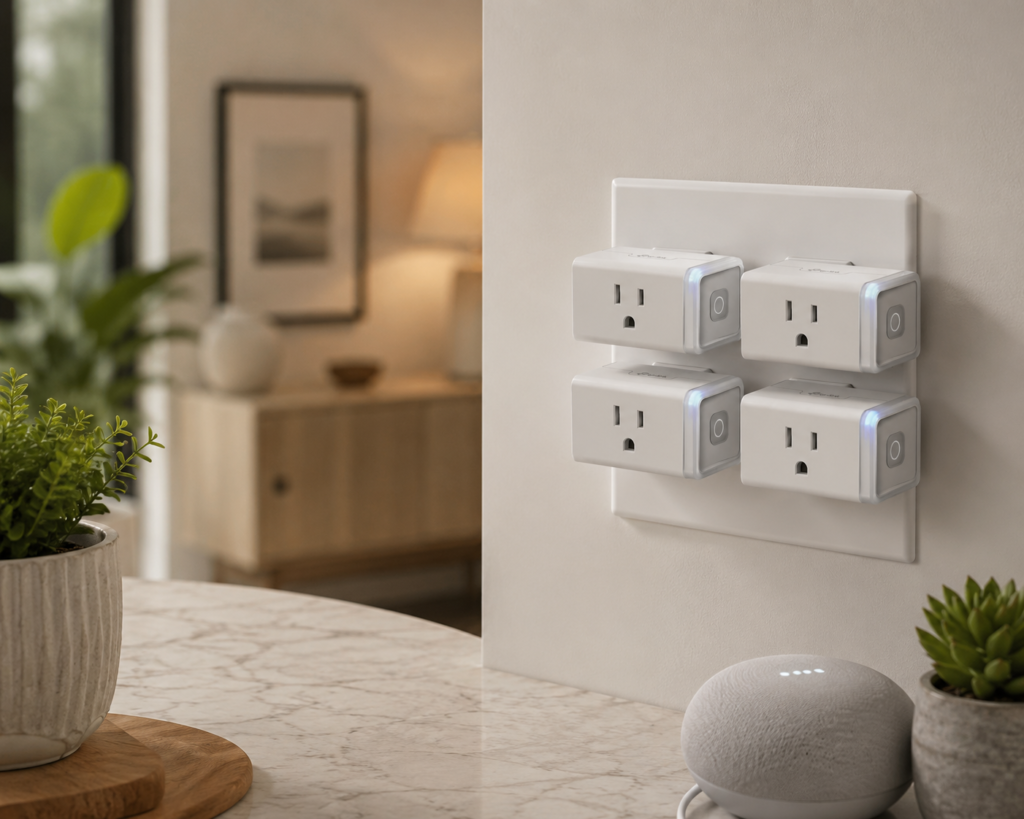 TP-Link Kasa Smart Plug HS103P4 four-pack installed on a modern wall outlet in a warm, minimalist home interior, with subtle indicator lights and cozy décor creating an aspirational smart-home setting.