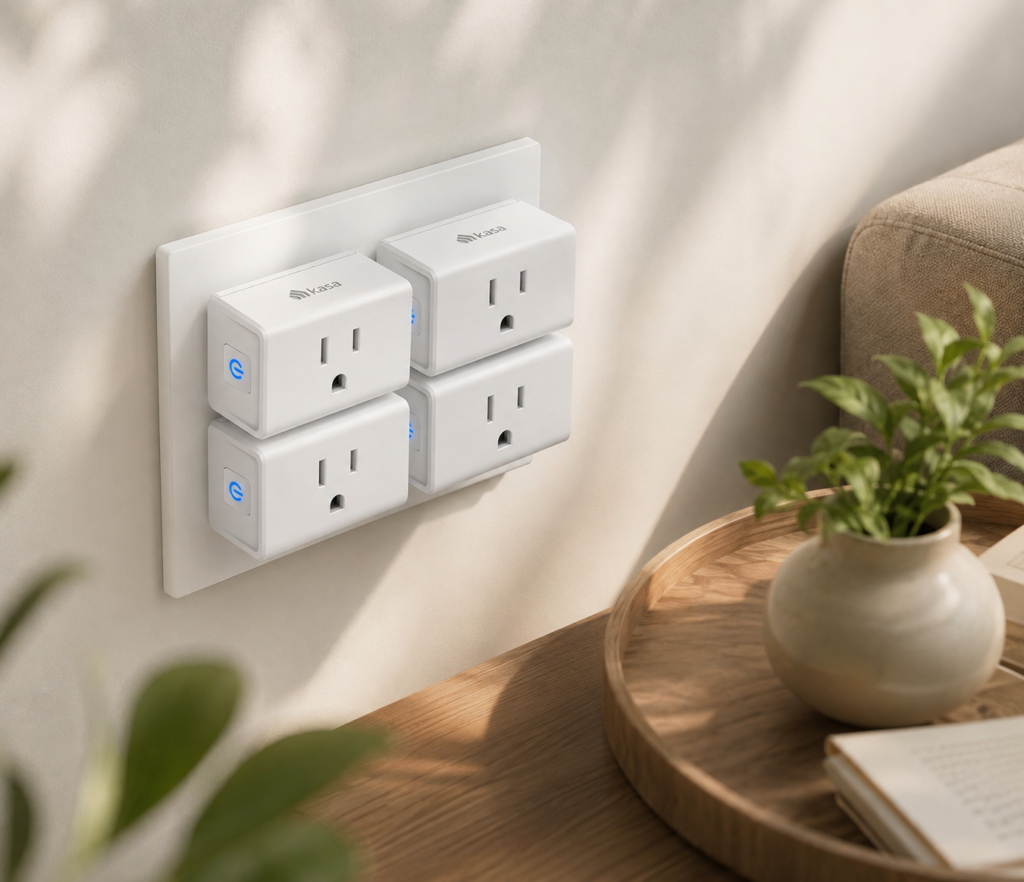 four white Kasa smart plugs installed on a wall outlet, featuring blue illuminated power buttons.