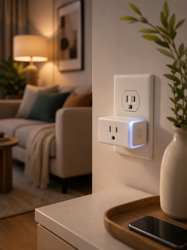The Kasa smart plug is shown naturally in a cozy, contemporary living space, making the product feel practical yet aspirational