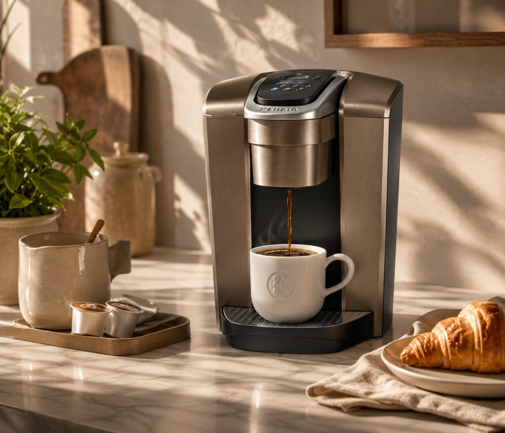 stainless-steel Keurig coffee machine dispensing fresh coffee into a cup.