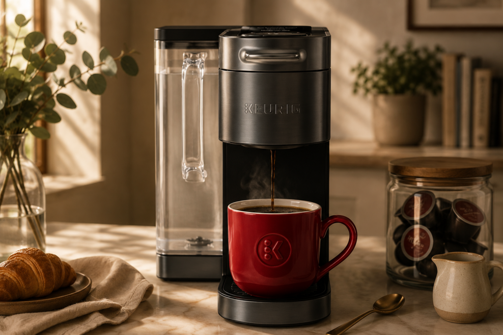 The image creates an inviting everyday coffee moment with the Keurig machine as the natural focal point.