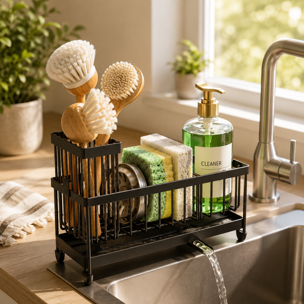 Kitchen Countertop Organizers Aesthetic black two-tier kitchen sink organizer holding brushes, sponges, and soap beside a modern stainless-steel faucet in a bright, tidy kitchen.