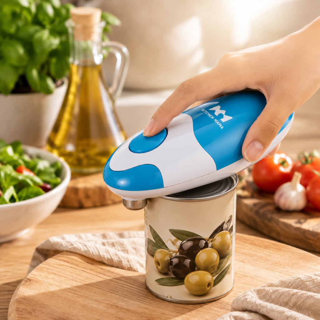 Kitchen Mama Automatic Can Opener1 Kitchen Mama automatic electric can opener being used on a can in a warm, modern kitchen, with fresh ingredients, herbs, olive oil, and a wooden countertop creating an inviting everyday cooking scene.
