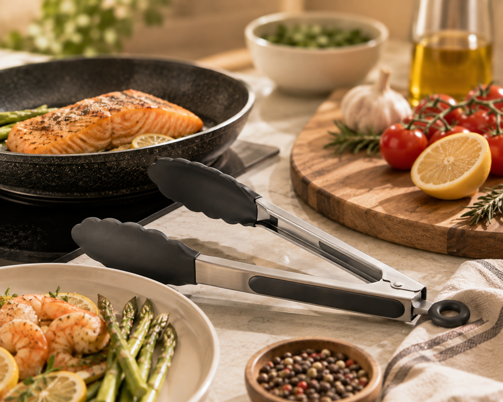 Kitchen tong Stainless-steel kitchen tongs with black grips resting on a warm kitchen countertop beside a skillet of seared salmon and asparagus, with tomatoes, lemon, garlic, herbs, and prepared seafood nearby.
