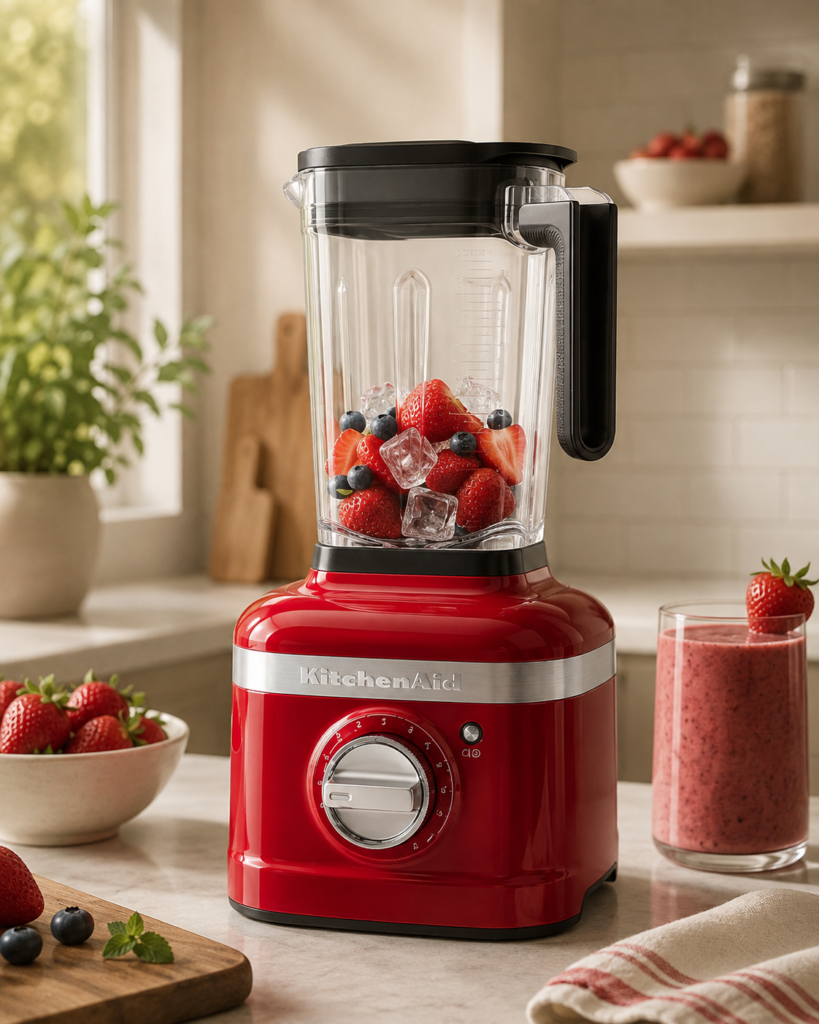 KitchenAid K400 Variable Speed Blender The KitchenAid blender is now presented in an inviting everyday kitchen scene with fresh smoothie ingredients.