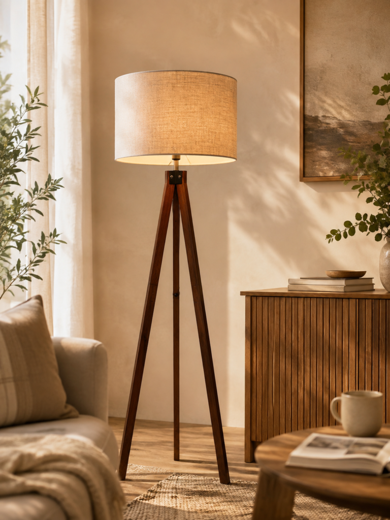 LEPOWER Tripod Floor Lamp Mid-century tripod floor lamp with dark wooden legs and a natural linen drum shade