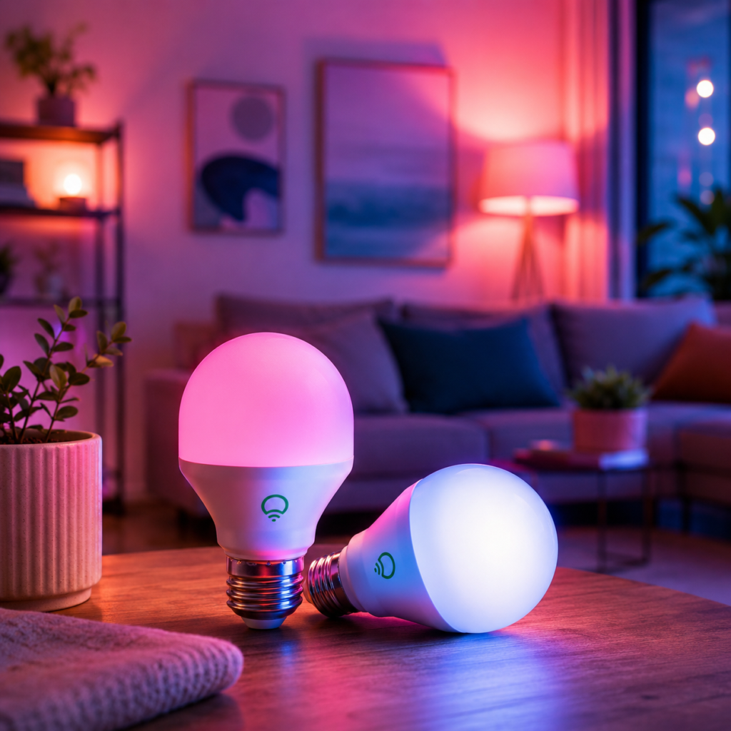 The LIFX smart bulbs are shown as a stylish part of a colorful, lived-in evening space.
