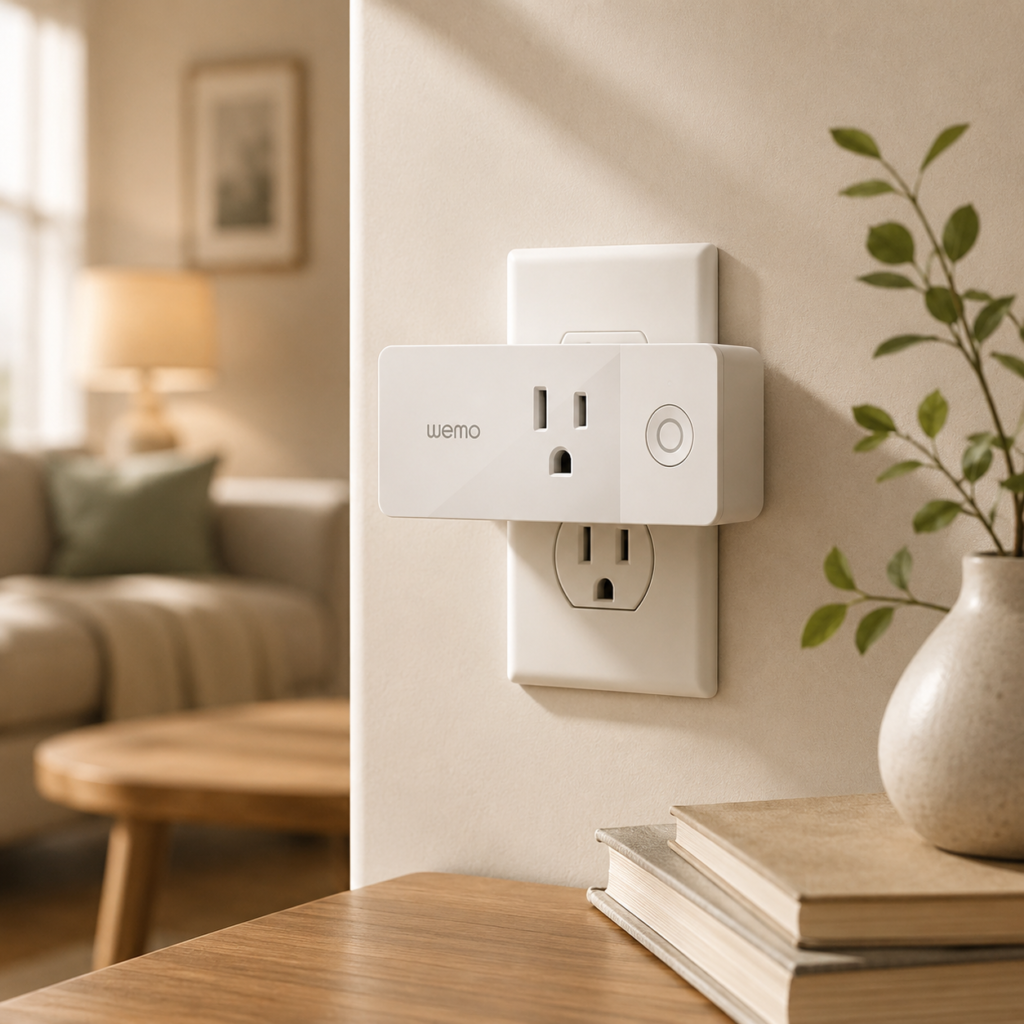 Wemo smart plug displayed in a softly lit, stylish home interior