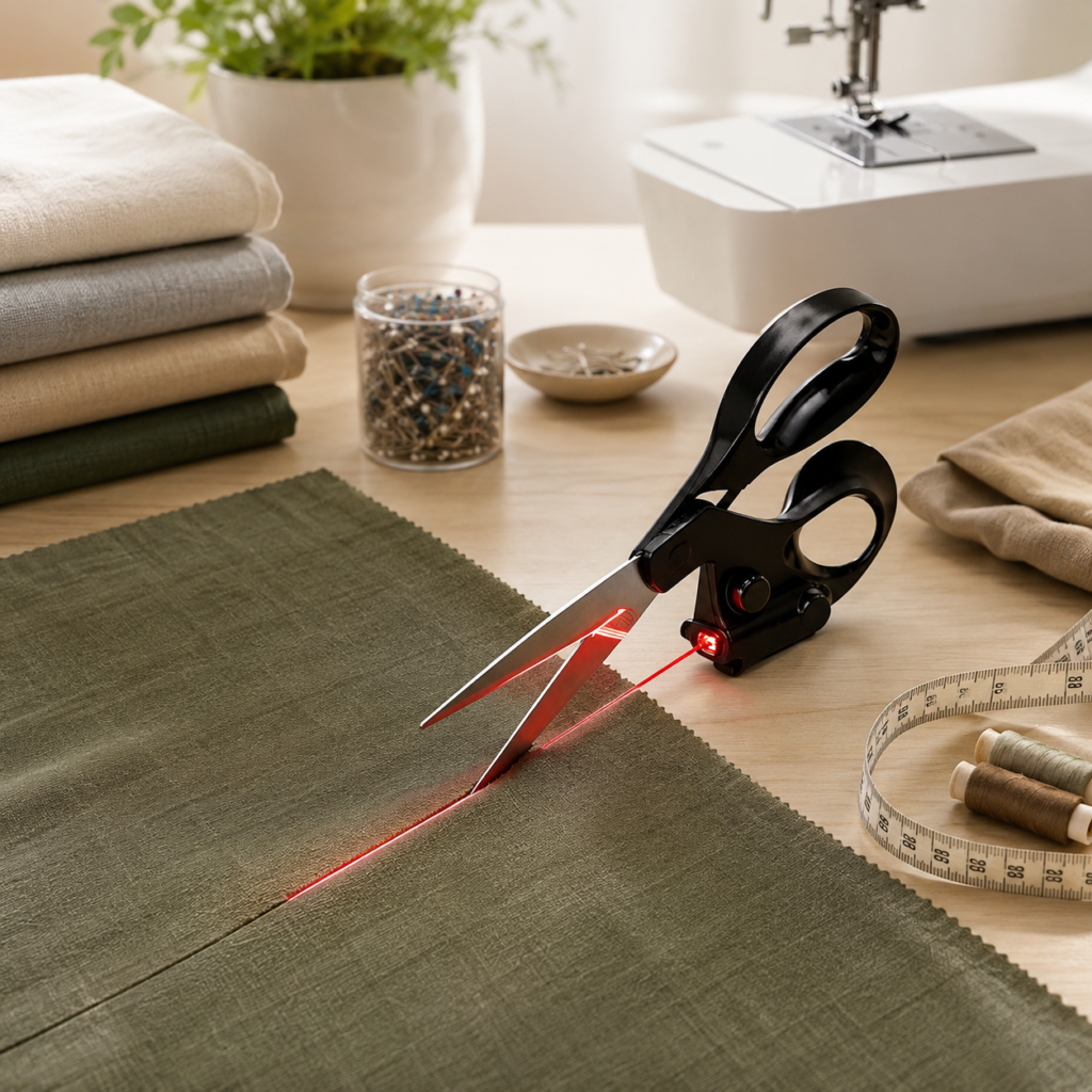 A warm, lifestyle-focused sewing workspace now showcases the laser-guided scissors naturally in use.