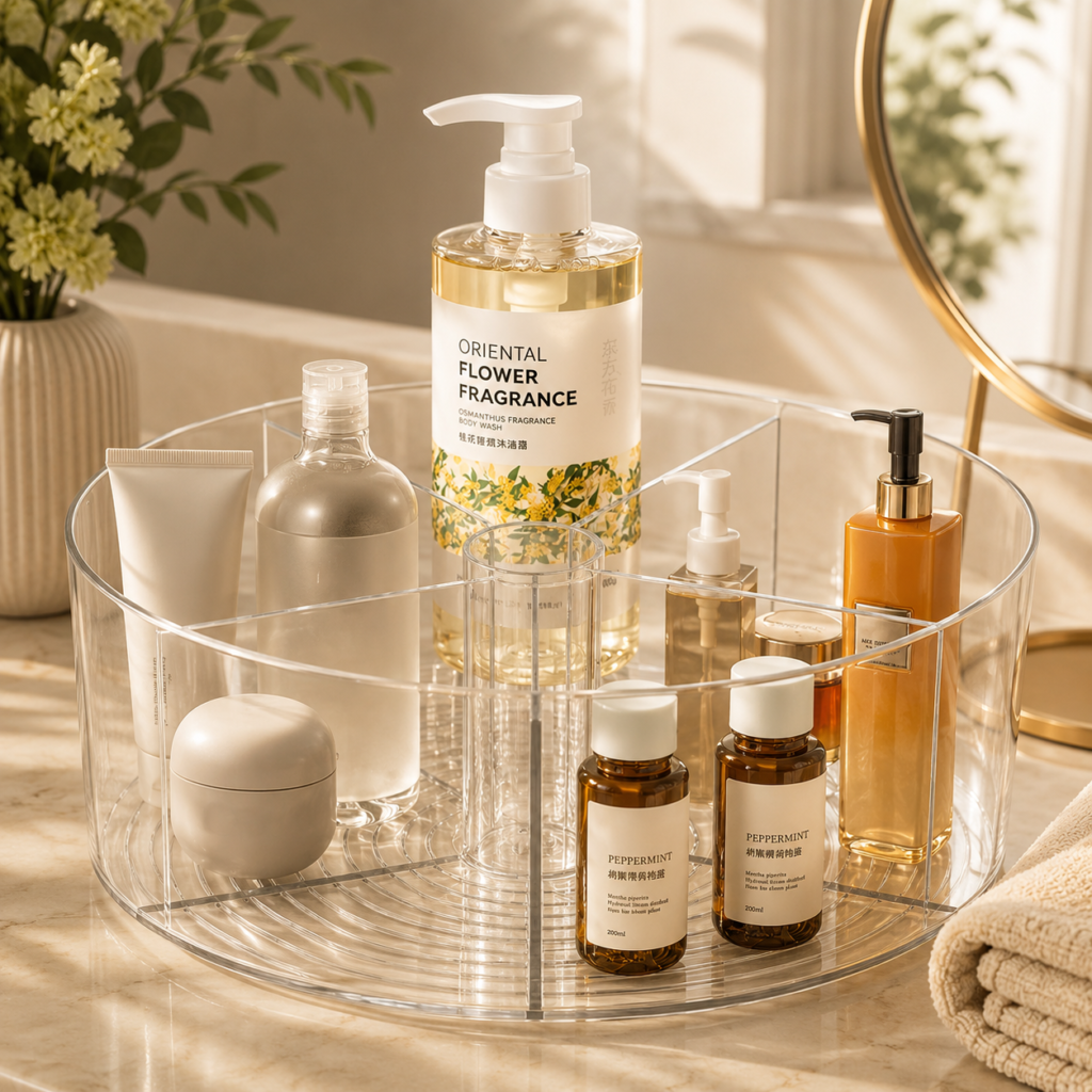 Clear round Lazy Susan organizer styled on a warm bathroom vanity with skincare, body wash, beauty products, and a soft spa-inspired aesthetic.