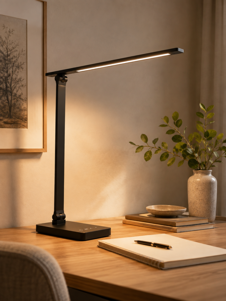 Lepro LED Desk Lamp for Home Office Slim black LED desk lamp with an adjustable arm, touch controls, and built-in power adapter