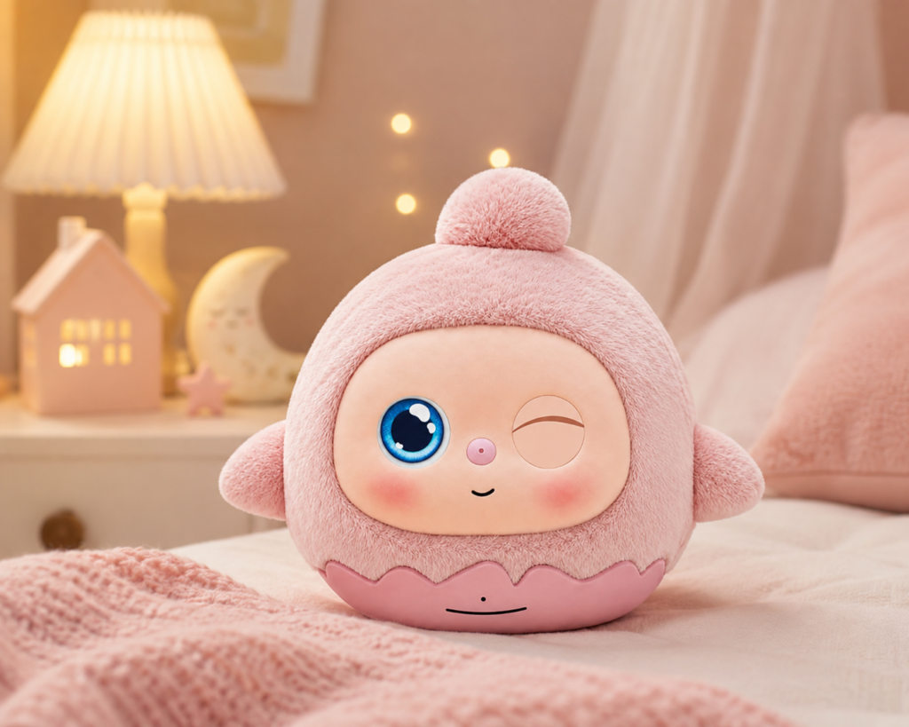 Lovi AI Companion Interactive Robot The pink companion plush is now placed in a cozy, dreamy bedroom setting that feels playful and inviting.