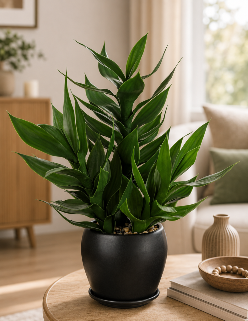 A refined, lifestyle-focused scene places the leafy plant naturally into a calm, aspirational living space.