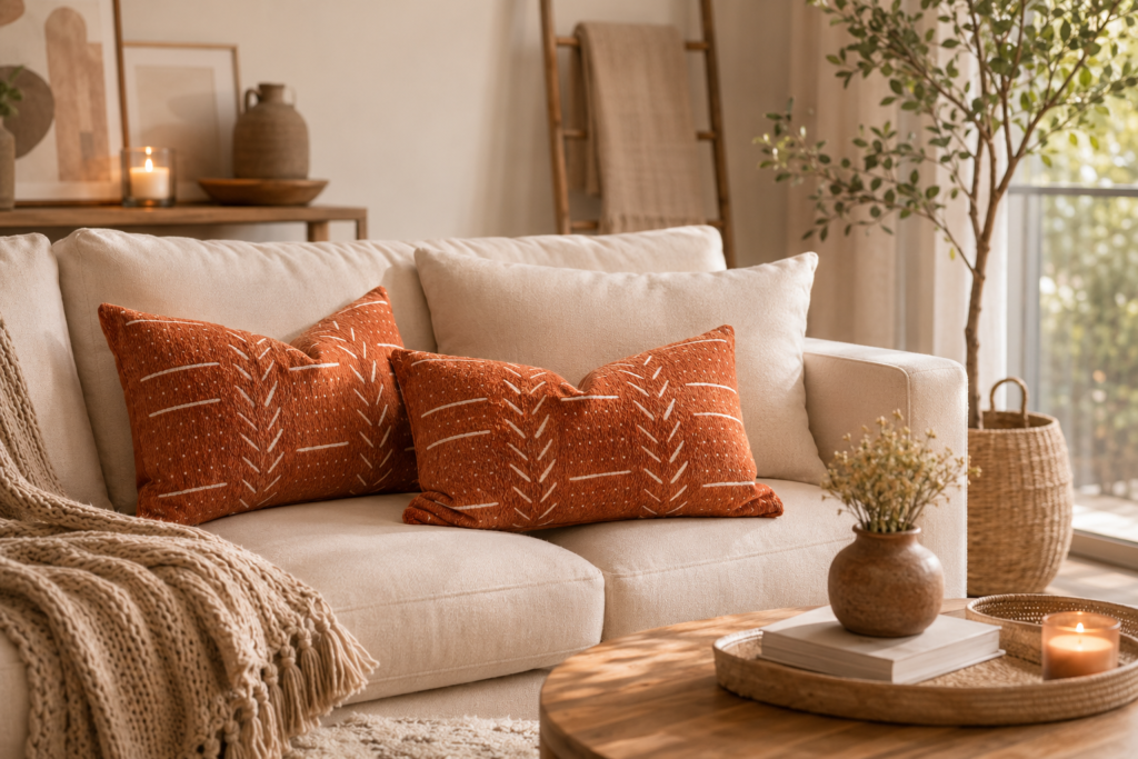 Lumbar Accent Pillow The pillow is styled beautifully in a relaxed, sunlit living room with natural textures and earthy accents.