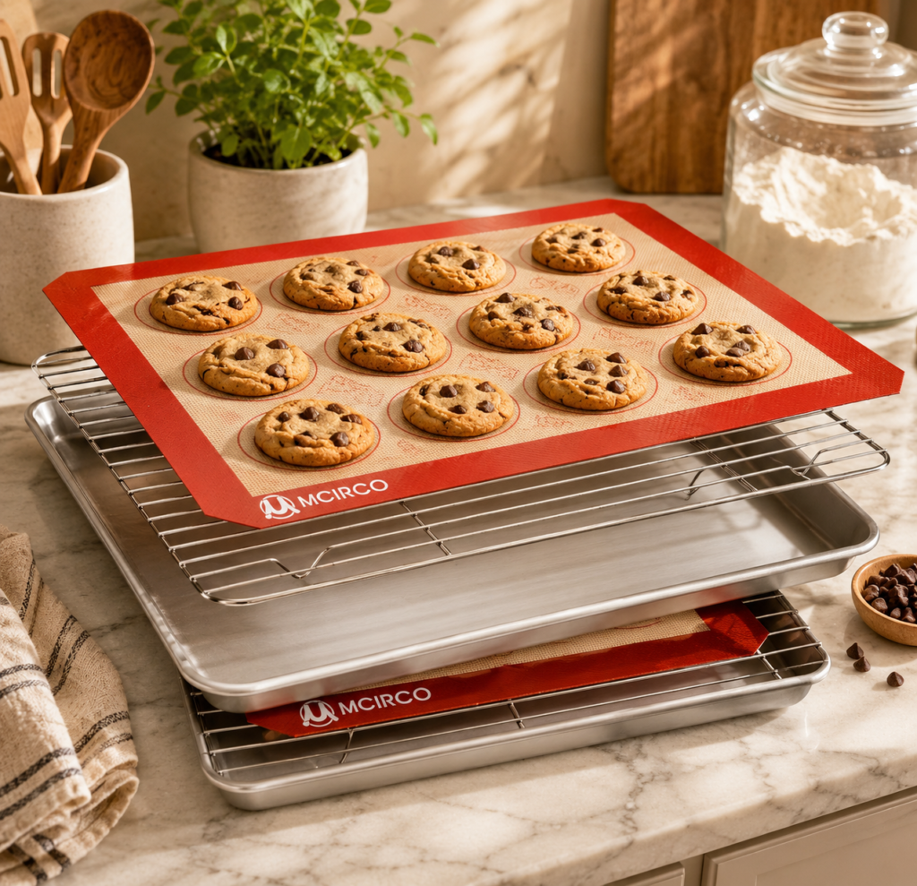 M MCIRCO Baking Sheet with Cooling Rack, Baking Mat Set, Set of 6 MCIRCO baking sheet, cooling rack, and silicone baking mat set styled in a warm, inviting kitchen with freshly baked chocolate-chip cookies, creating an aspirational home-baking scene.