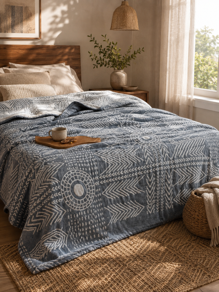 Gray and white geometric patterned bedspread styled on a cozy bed with decorative accents