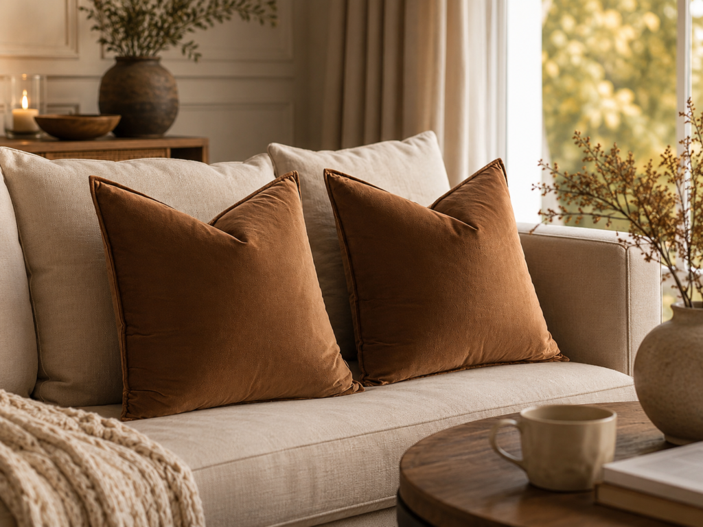 MIULEE Decorative Brown Velvet Throw Pillow Covers The product is styled naturally on a cozy cream sofa, creating an inviting, lived-in home atmosphere.