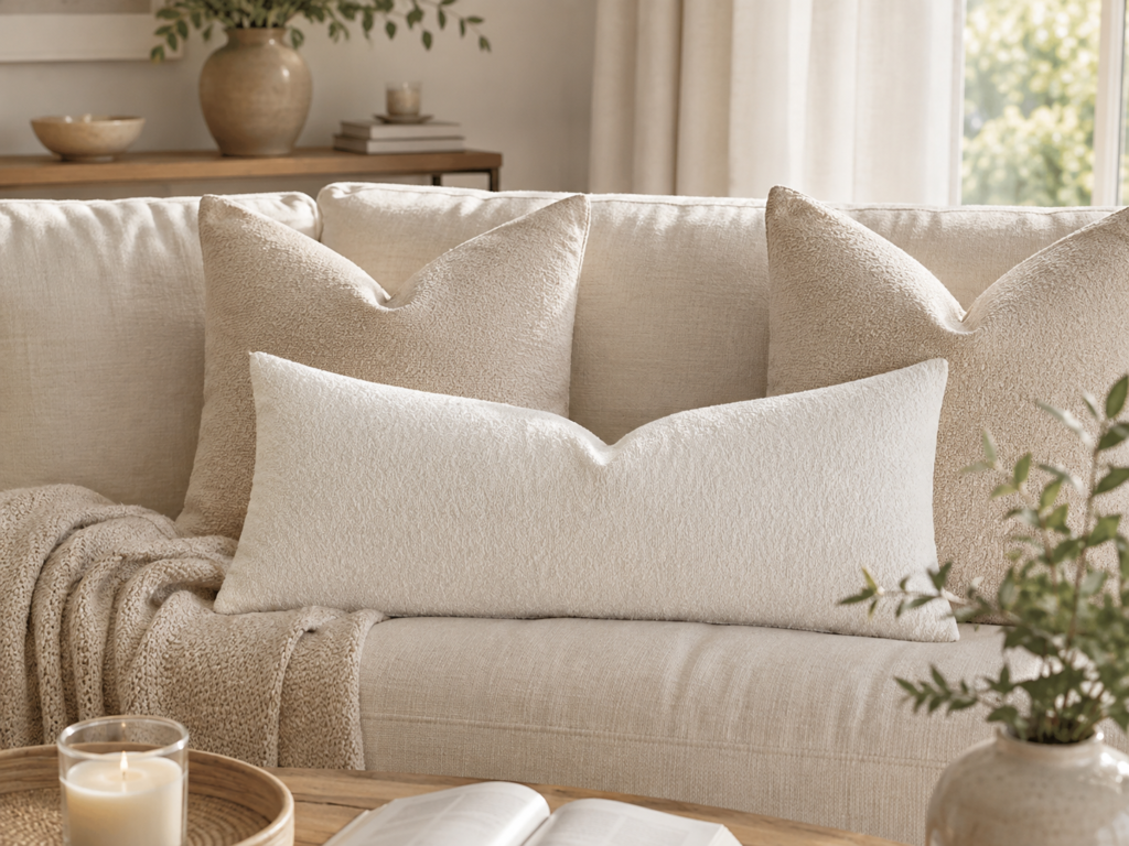 MIULEE Textured Boucle Lumbar Pillow Cover for Bed The boucle lumbar pillow is styled in a bright, serene neutral living space that feels calm and effortlessly lived-in.