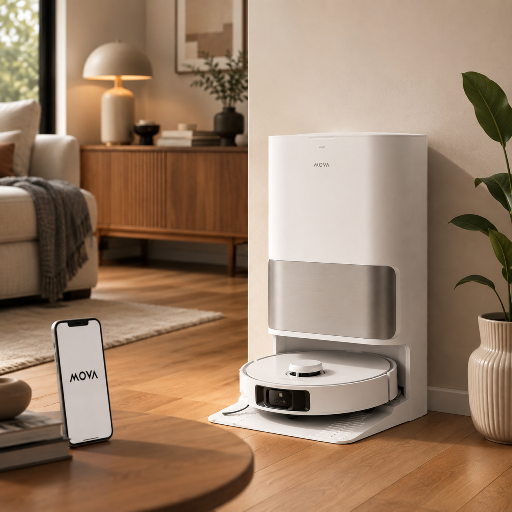 MOVA P10 Pro Ultra Robot Vacuum and Mop The MOVA robot vacuum is placed naturally in a refined, lived-in home setting with its brand visible.