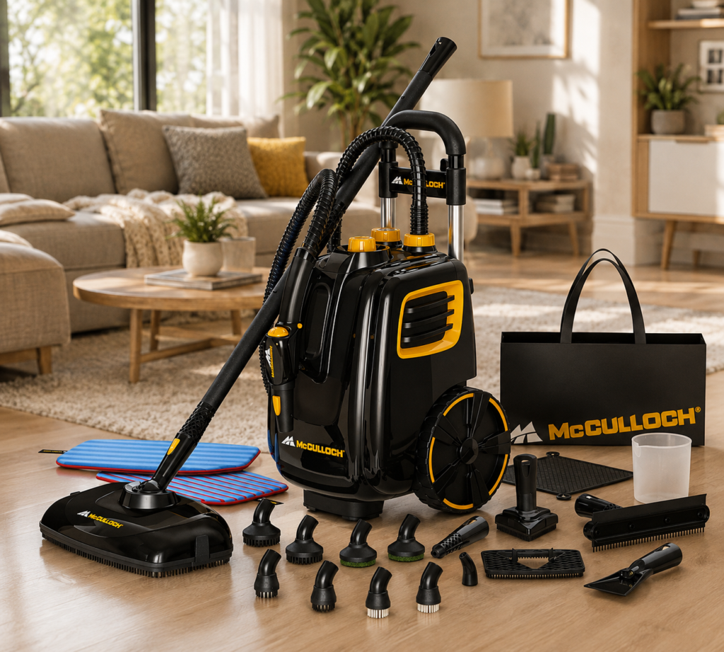 The image places the McCulloch steam cleaner naturally within a welcoming home, with its distinctive branding and accessories preserved.