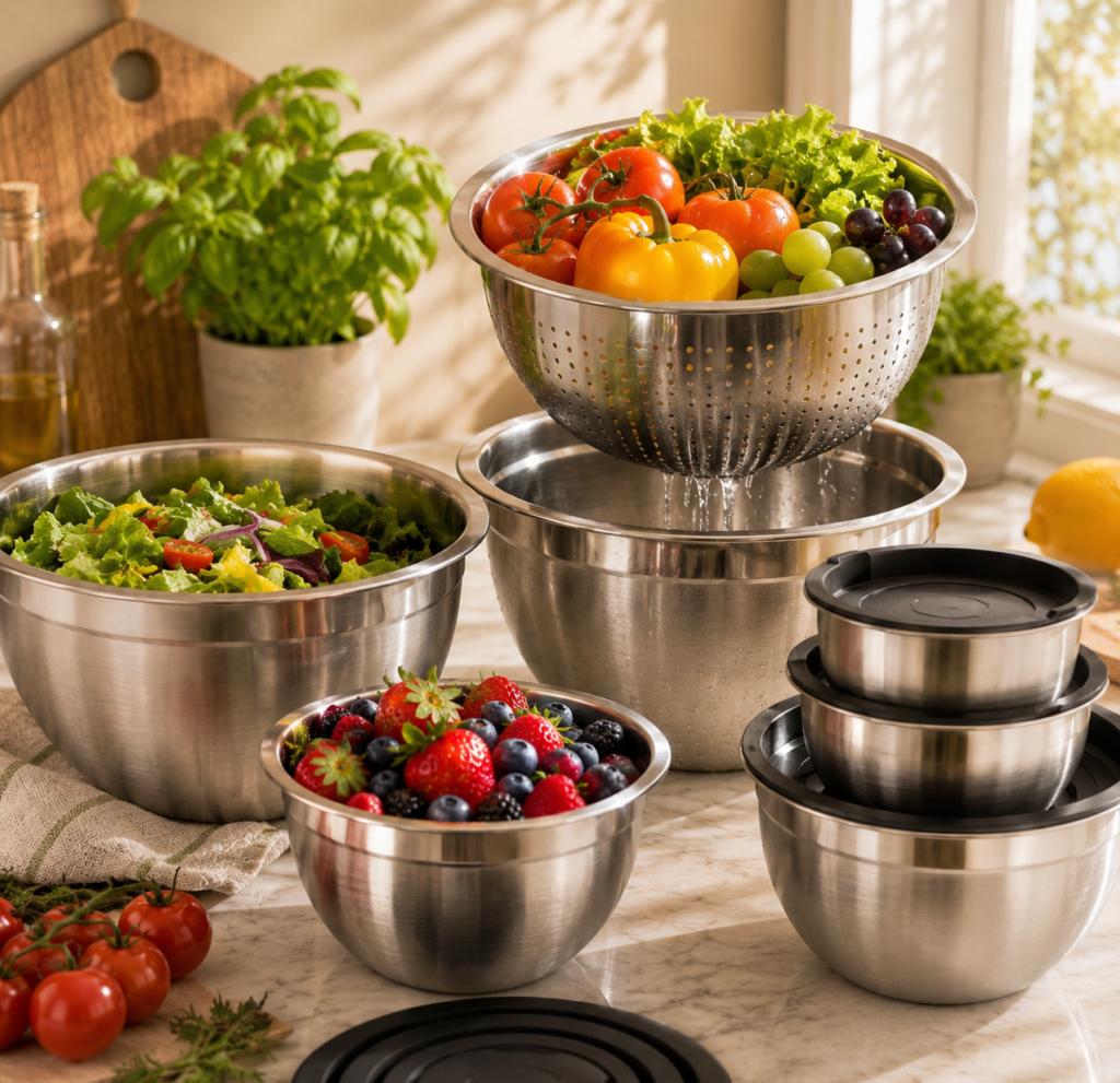 Mixing Bowls with Lids Set, Stainless Steel Mixing Bowl with Colander Stainless steel mixing bowls with lids and colander styled in a bright, sunlit kitchen with fresh vegetables, leafy greens, berries, and herbs for an inviting everyday meal-prep scene.