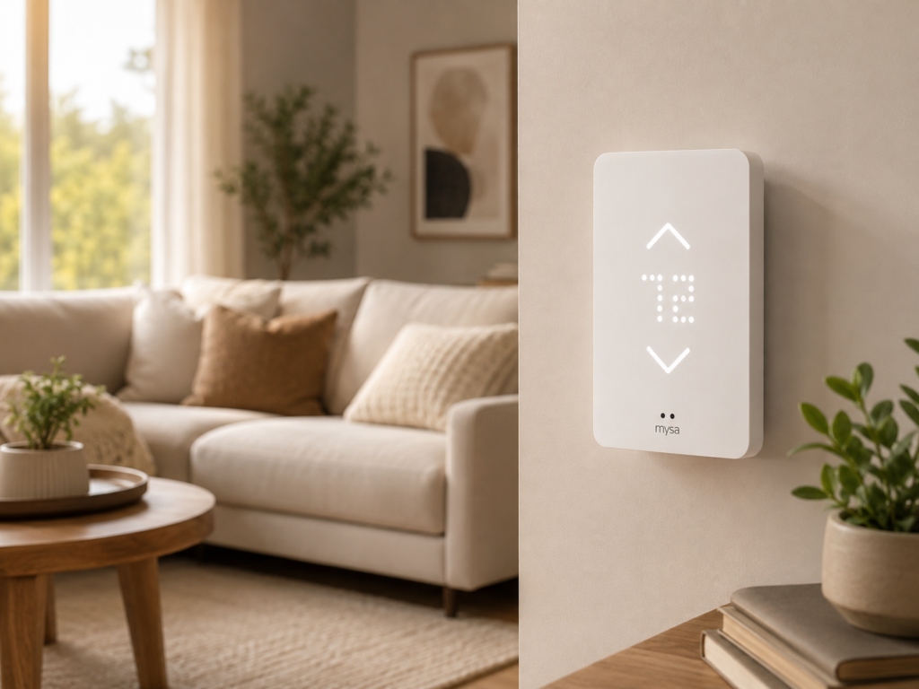 The Mysa thermostat is shown naturally in a calm, inviting living room, making the product feel like part of an everyday home.