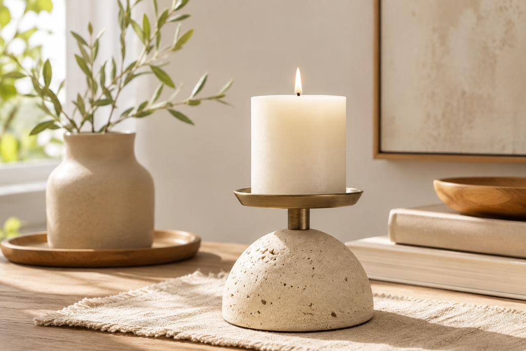 Cream pillar candle in a stone-style brass candle holder on a cozy table