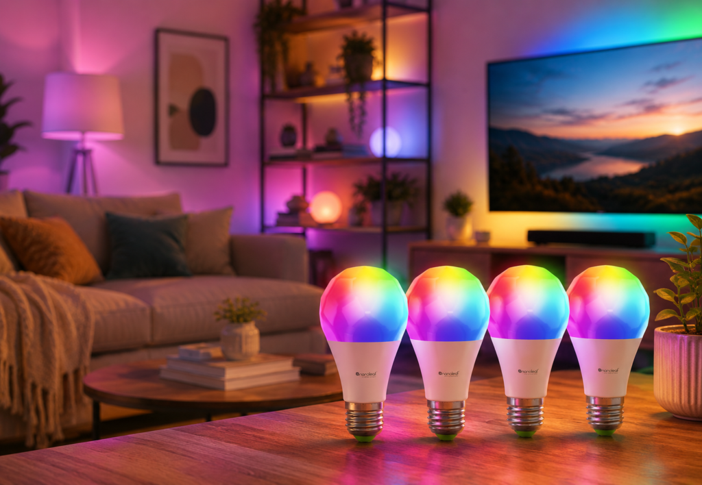 Nanoleaf Essentials Smart Light Bulbs The Nanoleaf smart bulbs are shown as a colorful focal point in a stylish, lived-in living room