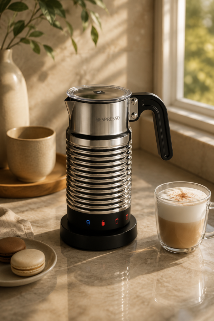Nespresso Aeroccino 4 milk frother on a sunlit kitchen counter beside a freshly prepared frothy coffee and macarons.