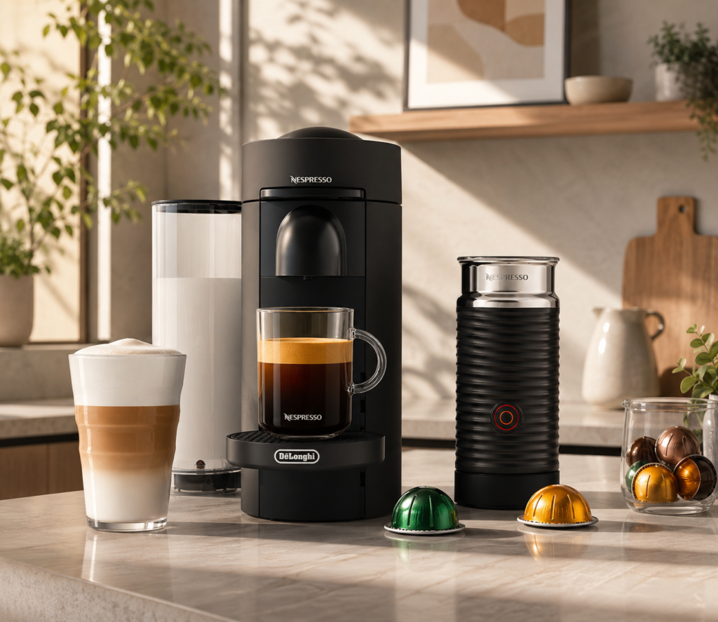 black Nespresso De’Longhi coffee maker with a glass of coffee, milk frother, and coffee capsules.