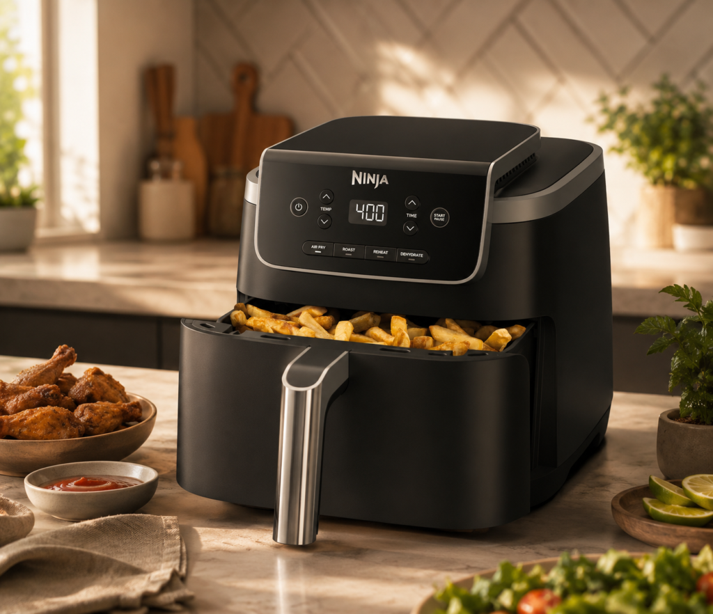black Ninja air fryer with the cooking drawer open and crispy fries inside.