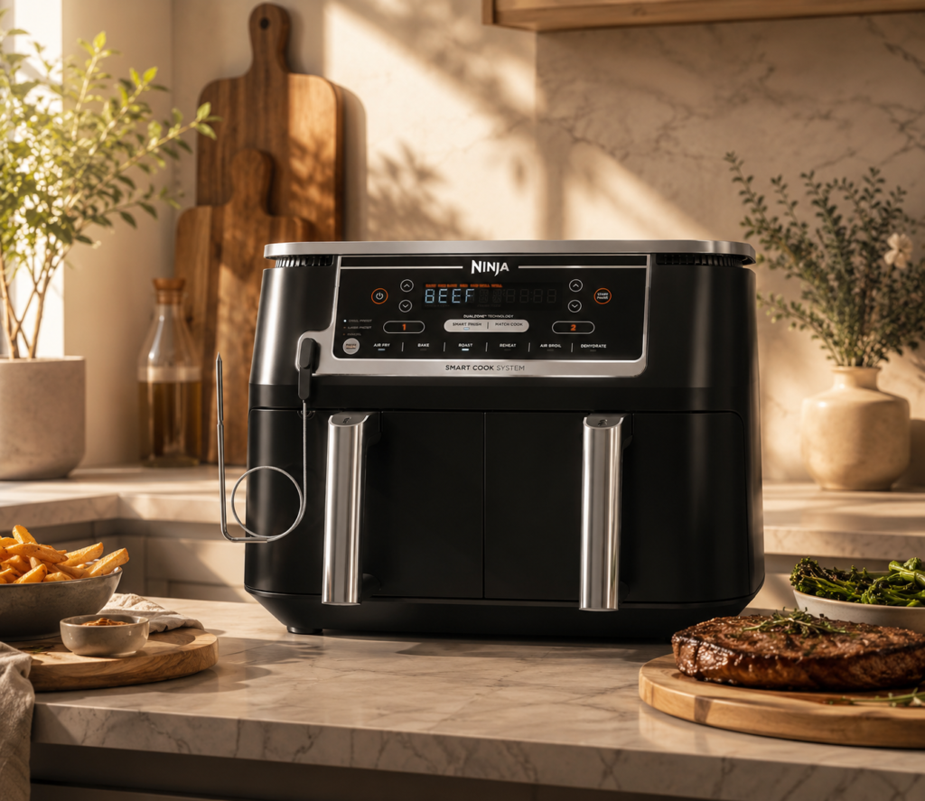 black Ninja air fryer with two independent cooking compartments and digital smart cooking controls.