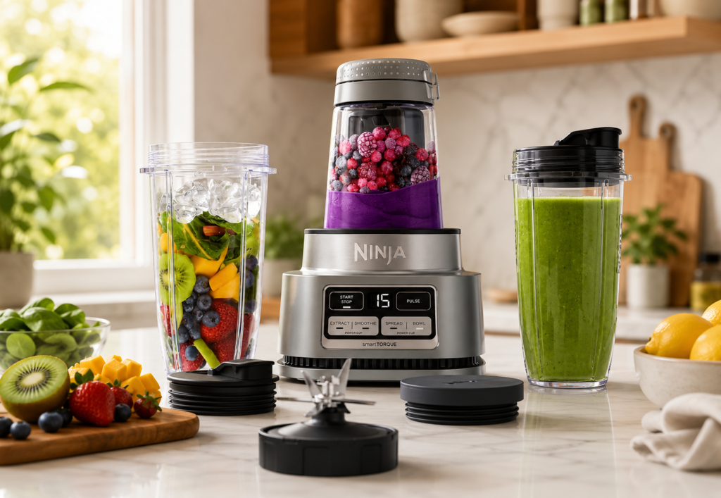 The Ninja blender is presented in a bright, inviting kitchen setting that feels practical yet aspirational.