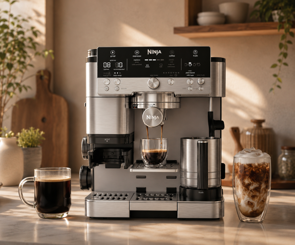 stainless-steel Ninja coffee machine brewing espresso with milk frother and coffee drinks beside it.