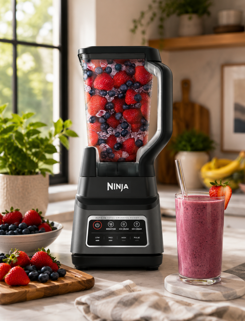 Ninja Professional Plus Blender he image presents the Ninja blender in an inviting, lifestyle-focused kitchen setting with fresh ingredients and an energetic, aspirational feel.