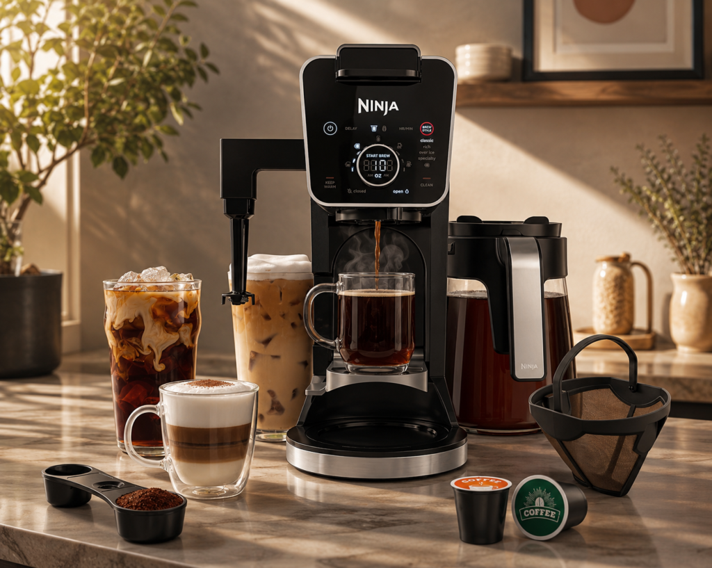black Ninja coffee system surrounded by hot coffee, iced coffee, latte, and brewing accessories.