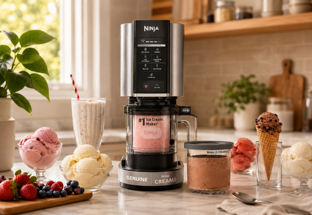 The NINJA CREAMi is styled as the centerpiece of a welcoming kitchen scene surrounded by colorful homemade desserts.