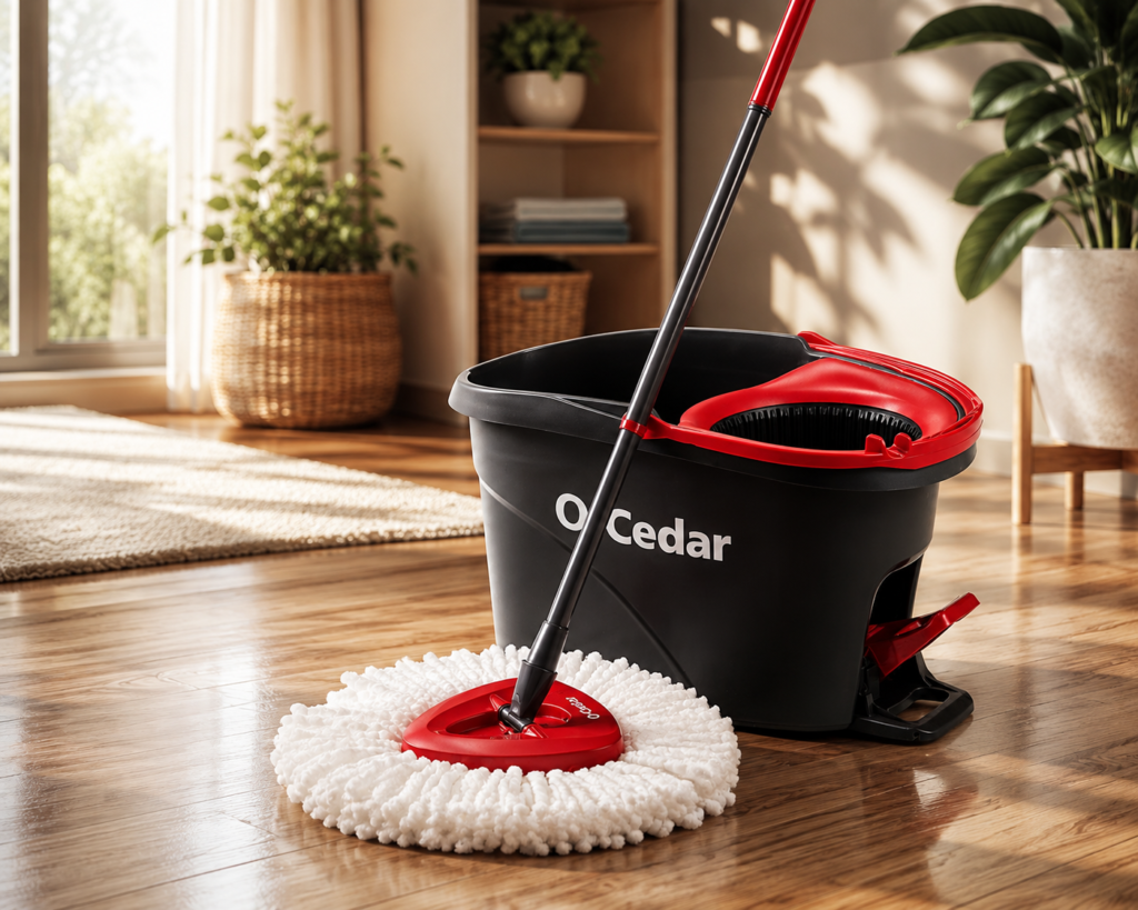 O-Cedar EasyWring mop with microfiber head and red-and-black bucket with built-in wringer.