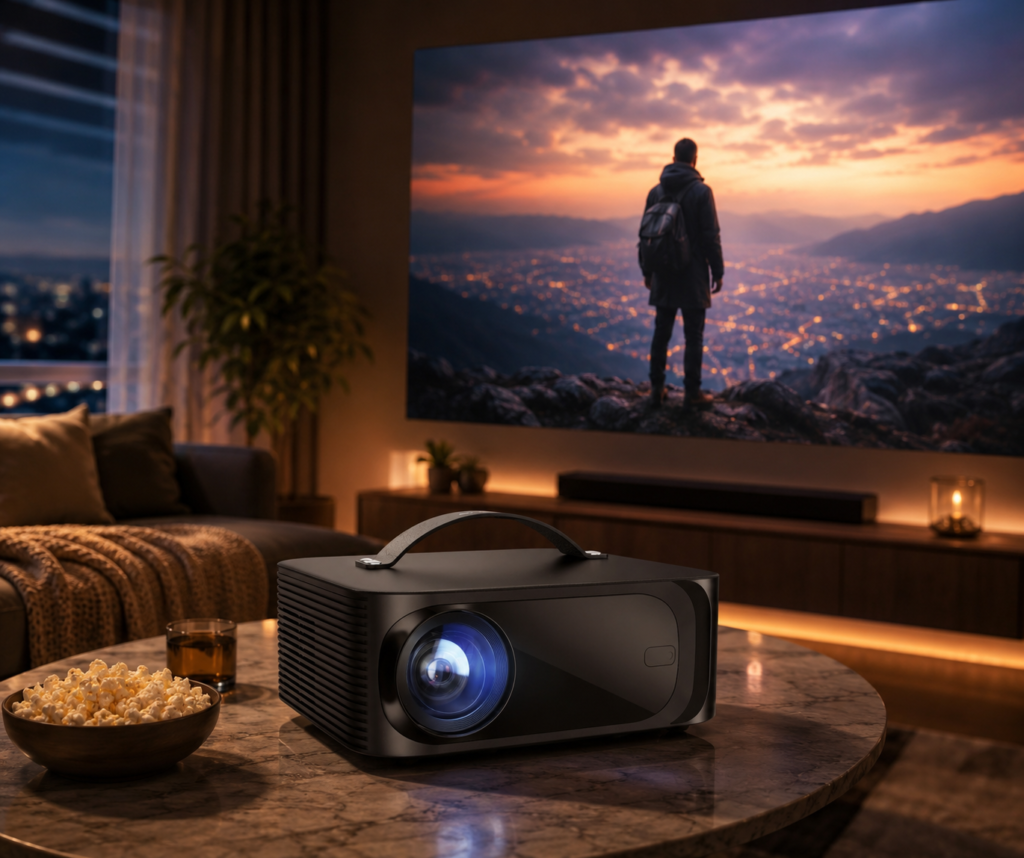 ONOAYO 4K projector on a marble table in a stylish living room, projecting a cinematic sunset scene