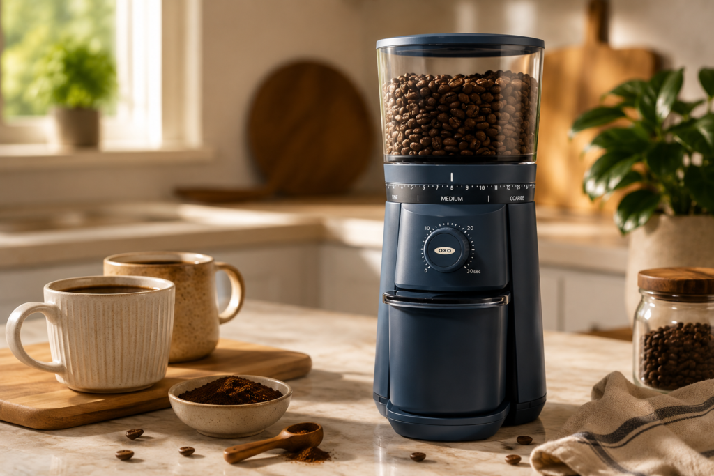 OXO Brew Conical Burr Electric Coffee Bean Grinder The image presents the OXO grinder as part of a relaxed, inviting morning coffee ritual.