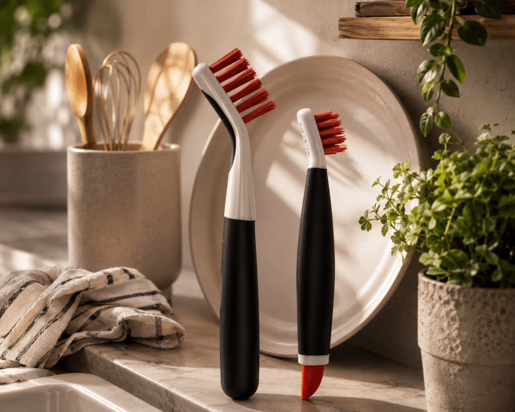 black-and-white handled cleaning brush featuring red bristles and an integrated scraper.