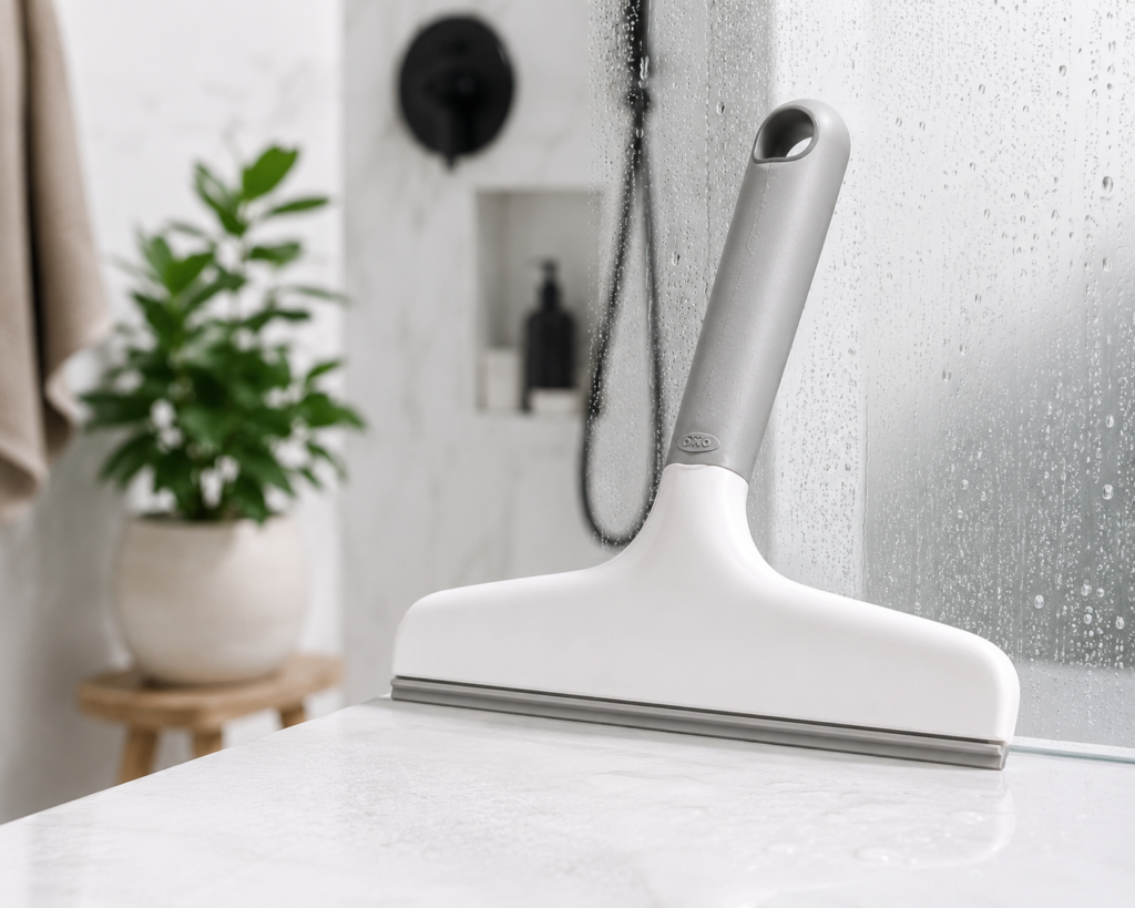 OXO Good Grips Multi-Use Squeegee with Hook The image gives the OXO squeegee a refined place in a calm, everyday bathroom setting while keeping its recognizable branding.
